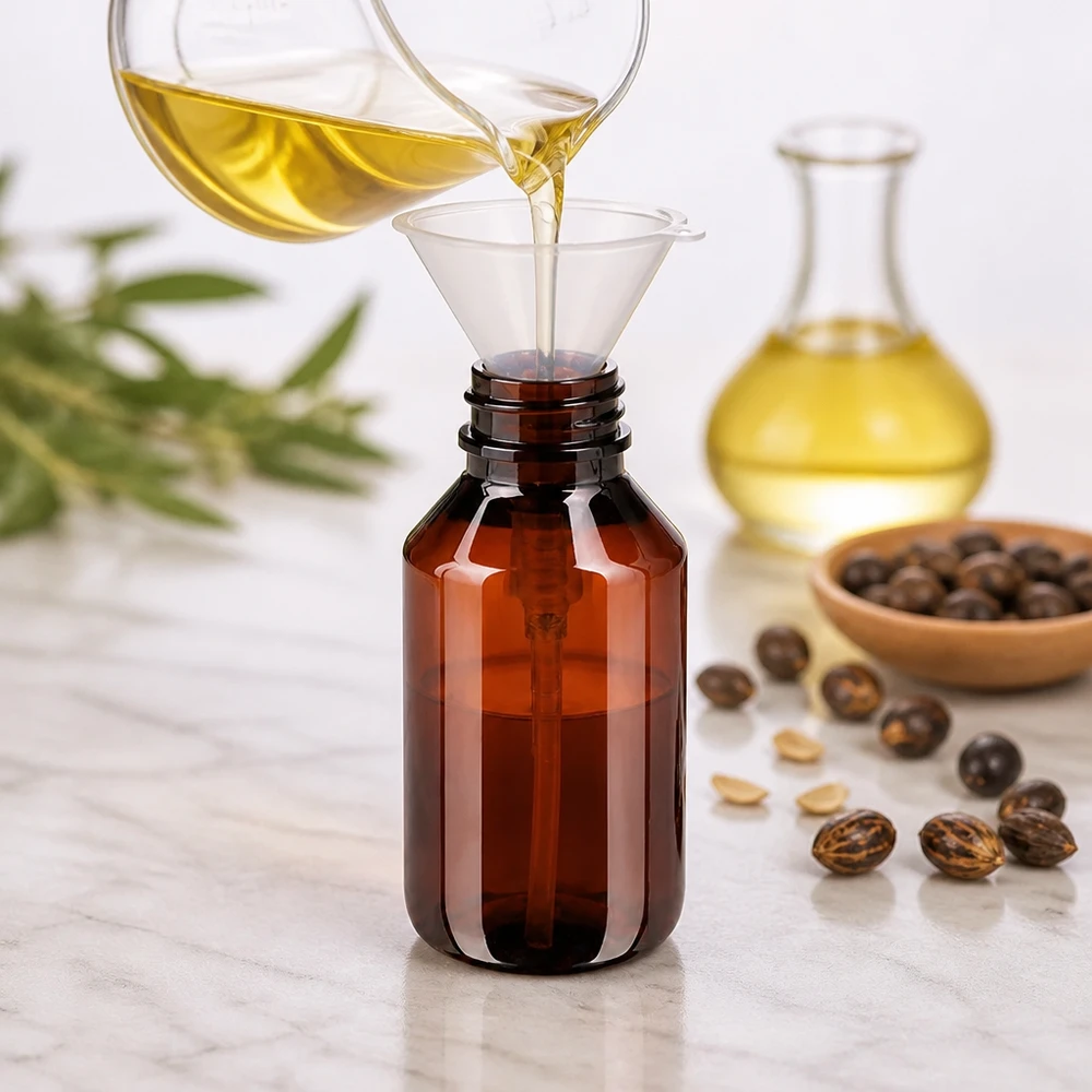 Professionelle Ölabfüllung in 50ml PET Flasche bernsteinfarben mit weisser Pumpe