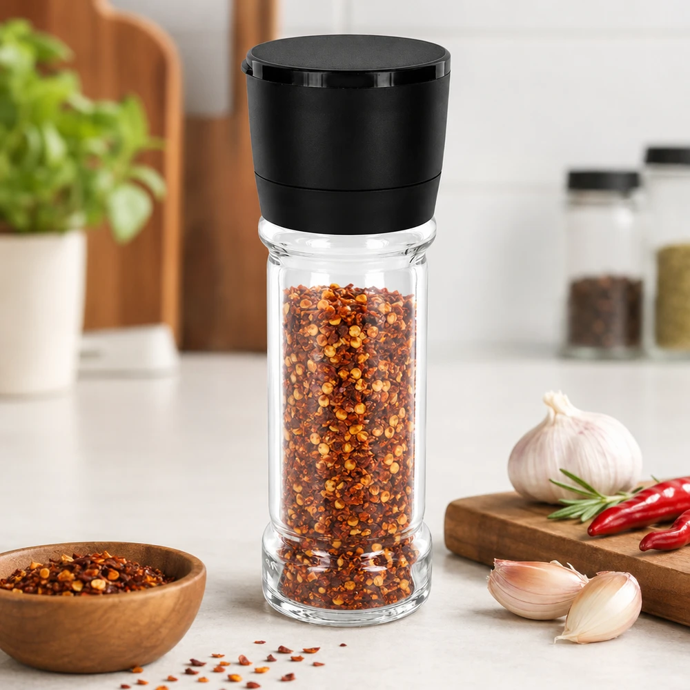 Słoik na sól/przyprawy 100 ml z młynkiem Vario, czarny Przezroczysty słoik na przyprawy o pojemności 100 ml z czarną plastikową pokrywką i wbudowanym młynkiem Vario