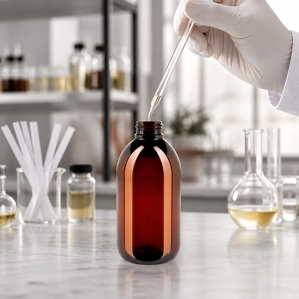 Owalna butelka PET o pojemności 250 ml w kolorze brązowym z czerwonym zamknięciem odgazowującym, przeznaczona do olejów i nalewek