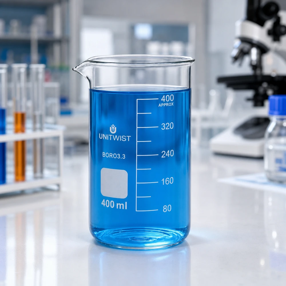 Zlewka 400ml borokrzemianowa, wysoka UNITWIST Szklanka laboratoryjna UNITWIST o pojemności 400 ml, wykonana z wysokiej jakości szkła borokrzemowego, z niebieską cieczą na białym stole laboratoryjnym