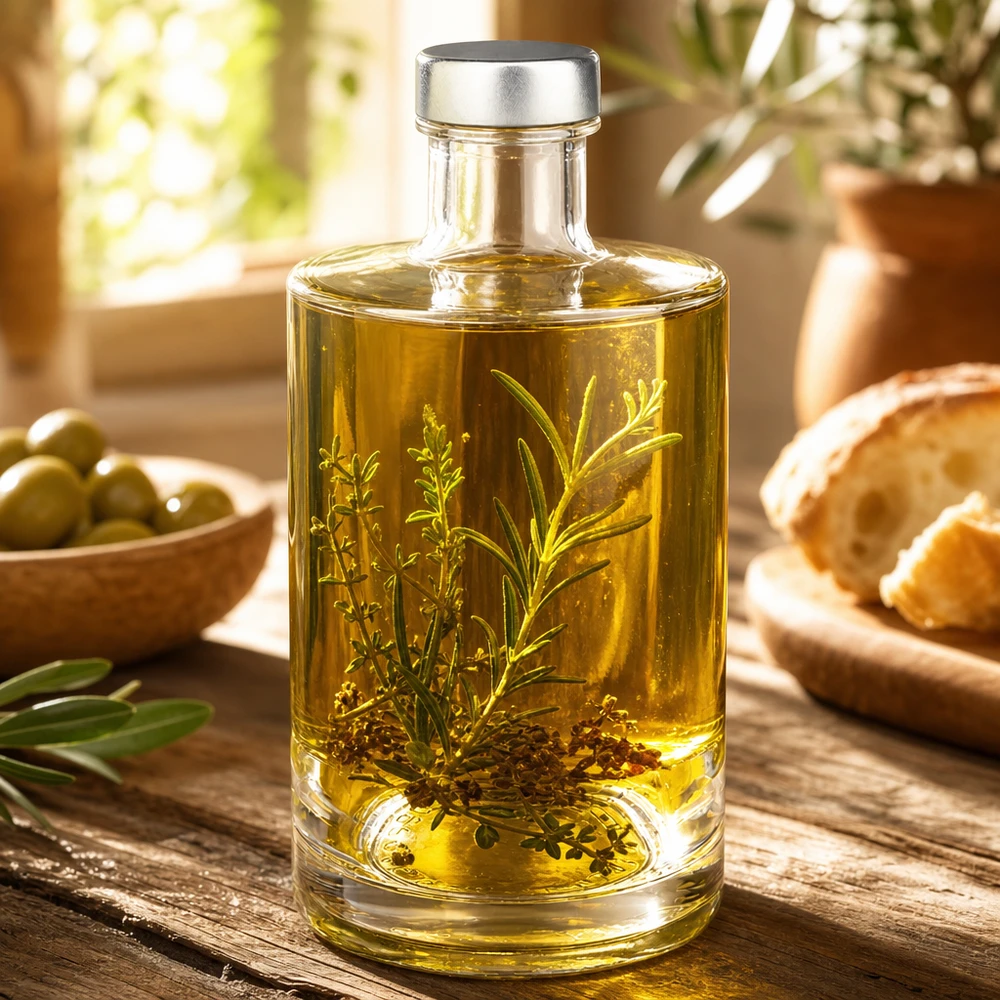 375ml Glasflasche Sam mit Kräuteröl und Rosmarin gefüllt - dekorative Spirituosenflasche für Küche und Genuss