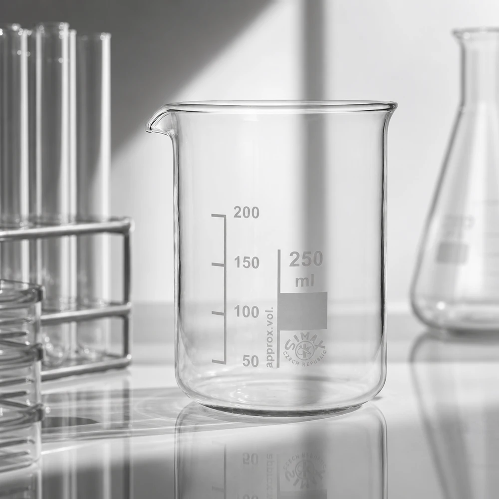 Precyzyjna zlewka pomiarowa o pojemności 250 ml wykonana z przezroczystego szkła borokrzemowego do dokładnego pomiaru objętości