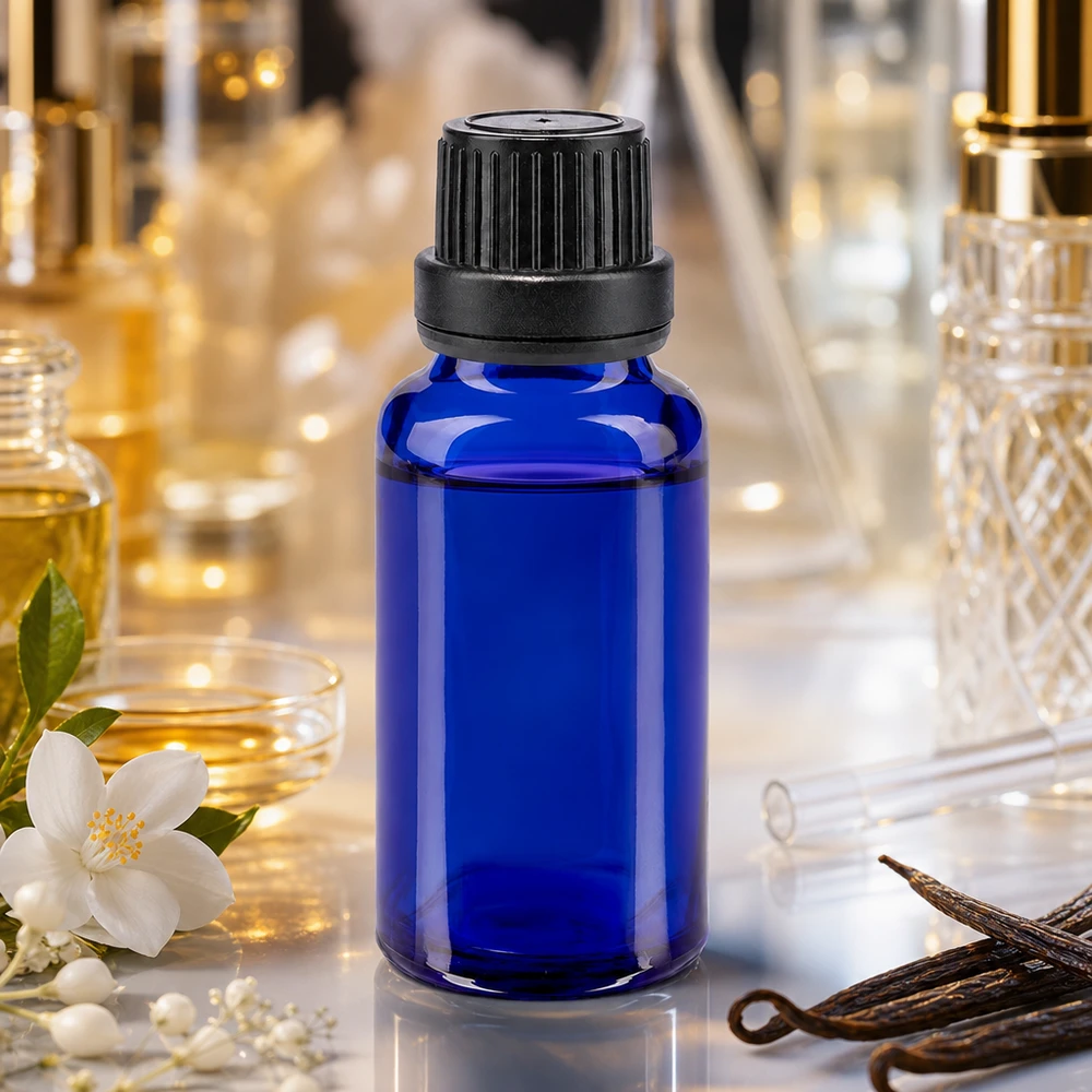 Butelka apteczna niebieska 20ml zakrętka czarna szczelna OV Szklana buteleczka o pojemności 20 ml w kolorze kobaltowym z czarną zakrętką o średnicy 11 mm w stylu perfumeryjnym