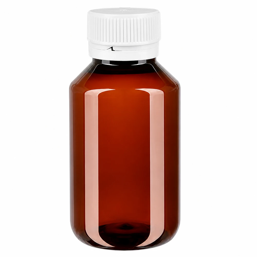 Brązowa butelka PET o pojemności 50 ml z białym, karbowanym, plastikowym zamknięciem zabezpieczającym