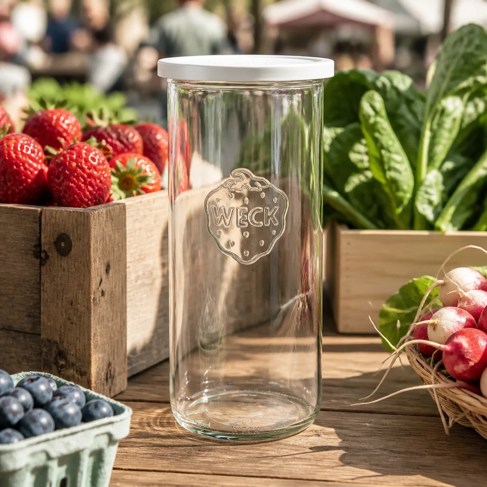 Kubki o pojemności 1500 ml z pokrywką WECK RR100 WECK Sturzglas 1500ml RR100 mit Frischedeckel zwischen frischem Gemüse und Obst auf Holztisch im Markt-Ambiente