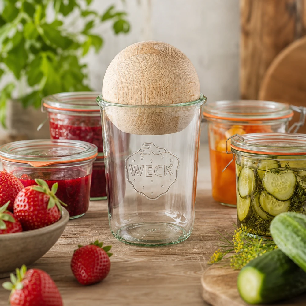 Kubki termiczne 850ml WECK RR100 z drewnianą kulką buk Słoik WECK 850ml RR100 w kuchennej scenerii z przetworami, drewniana pokrywka wykonana z drewna bukowego, słoik do przechowywania dżemu