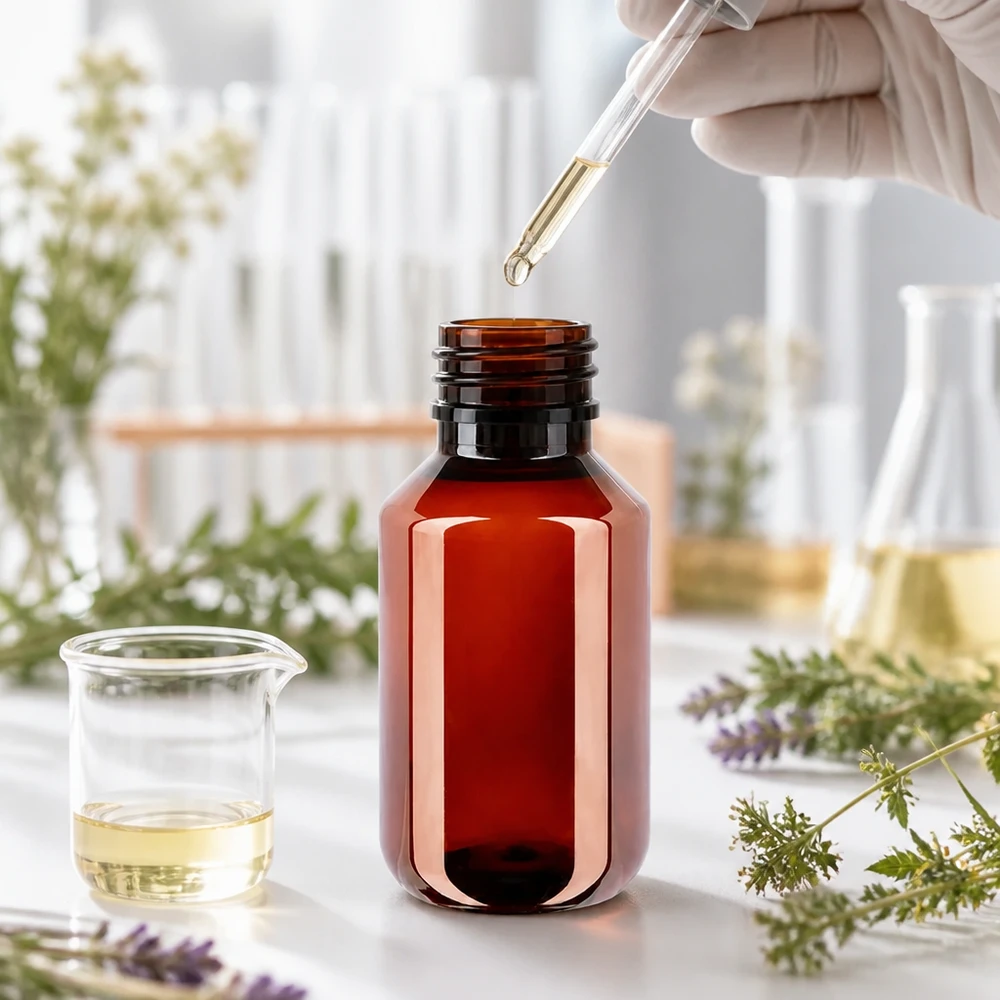Butelka PET 100 ml z czarną nakrętką OV 100ml Rundflasche PET braun mit Originalitätsverschluss für flüssige Naturprodukte