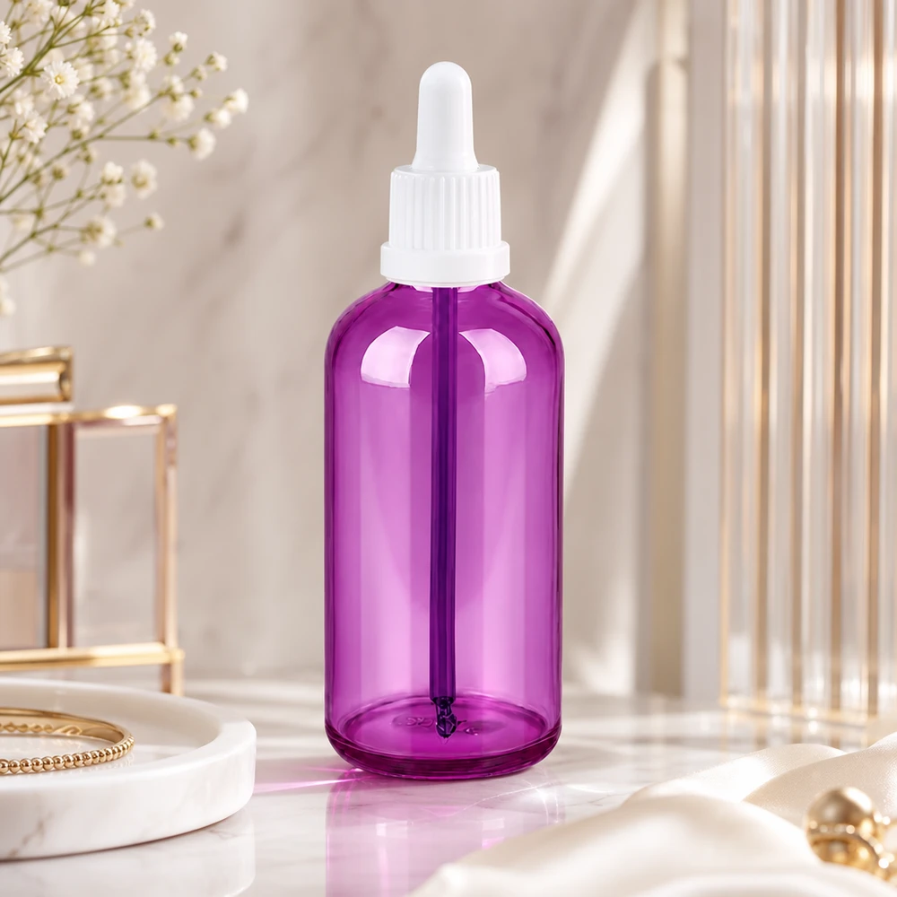 Butelka z pipetą 100 ml biała zakrętka Originality PurpleLine UT18/100 Butelka z zakraplaczem o pojemności 100 ml z fioletowym szklanym korpusem i ergonomiczną białą nasadką na pipetę