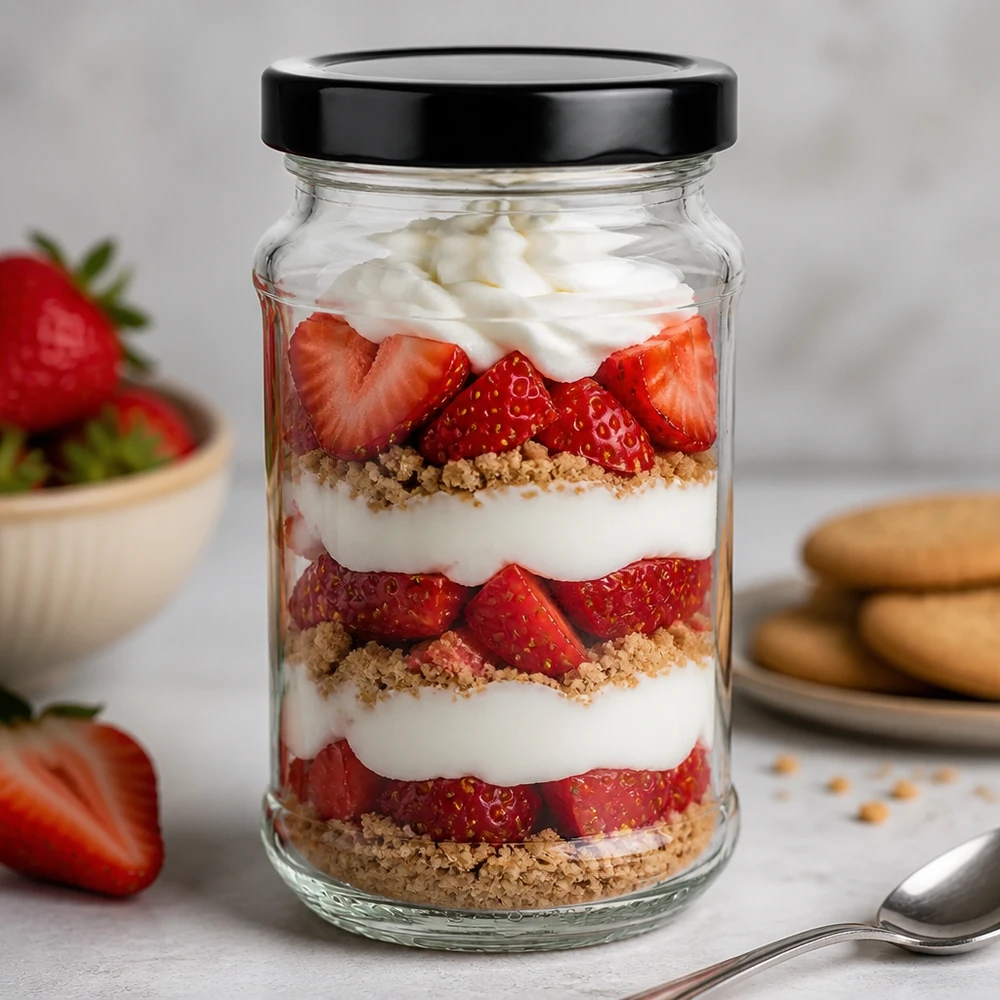 Okrągły słoik 390 ml z czarną pokrywką BasicSeal jako słoik deserowy na truskawkowy trifle - idealny na słodkie przysmaki