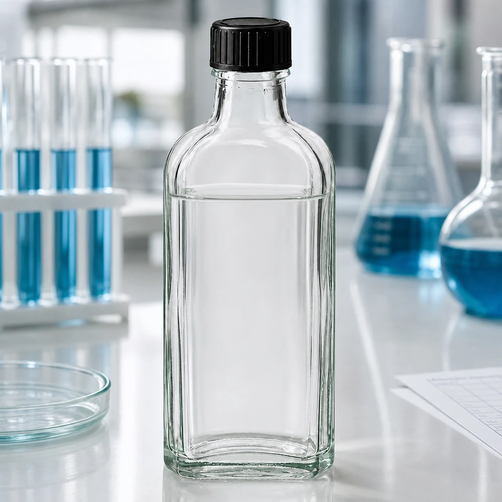 Przezroczysta butelka Meplat o pojemności 100 ml z krążkiem uszczelniającym LKD i czarnym zamknięciem w laboratorium