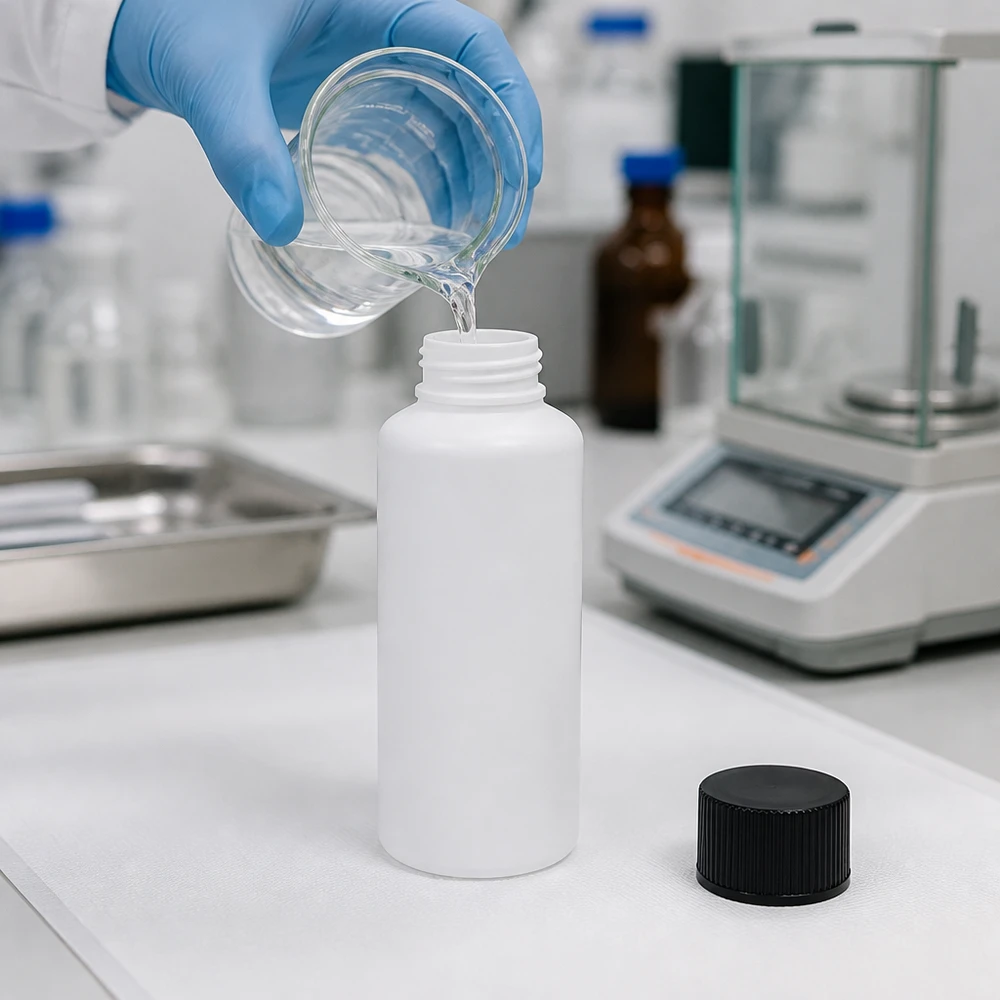Butelka apteczna HDPE 30ml biała, z czarnym SV Przezroczysty płyn jest rozlewany do białej butelki aptecznej z HDPE o pojemności 30 ml z czarną zakrętką