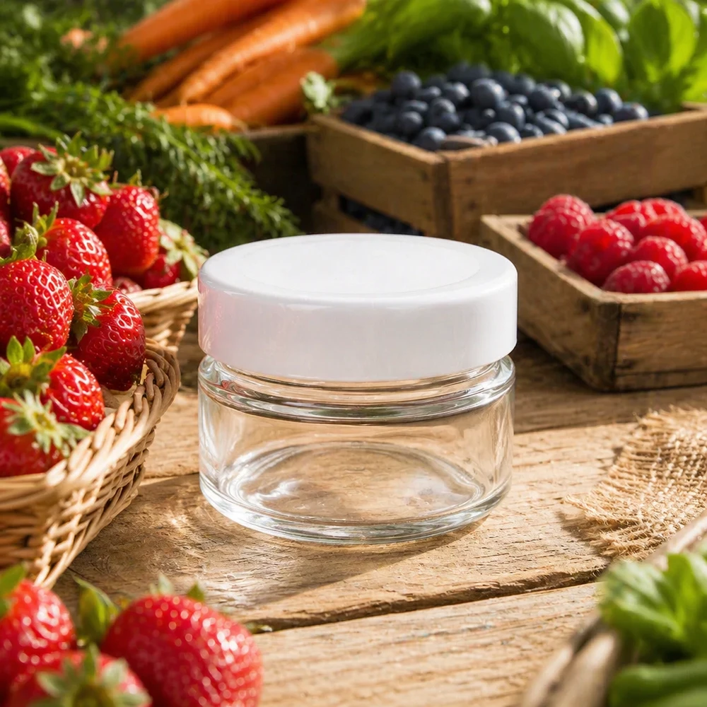 80 ml okrągły pojemnik szklany z pokrywką BasicSeal biała głęboka UN.. 80ml Rundglas mit weißem Deckel zwischen frischen Beeren - stilvolle Glasdose für natürliche Kosmetik und Cremes