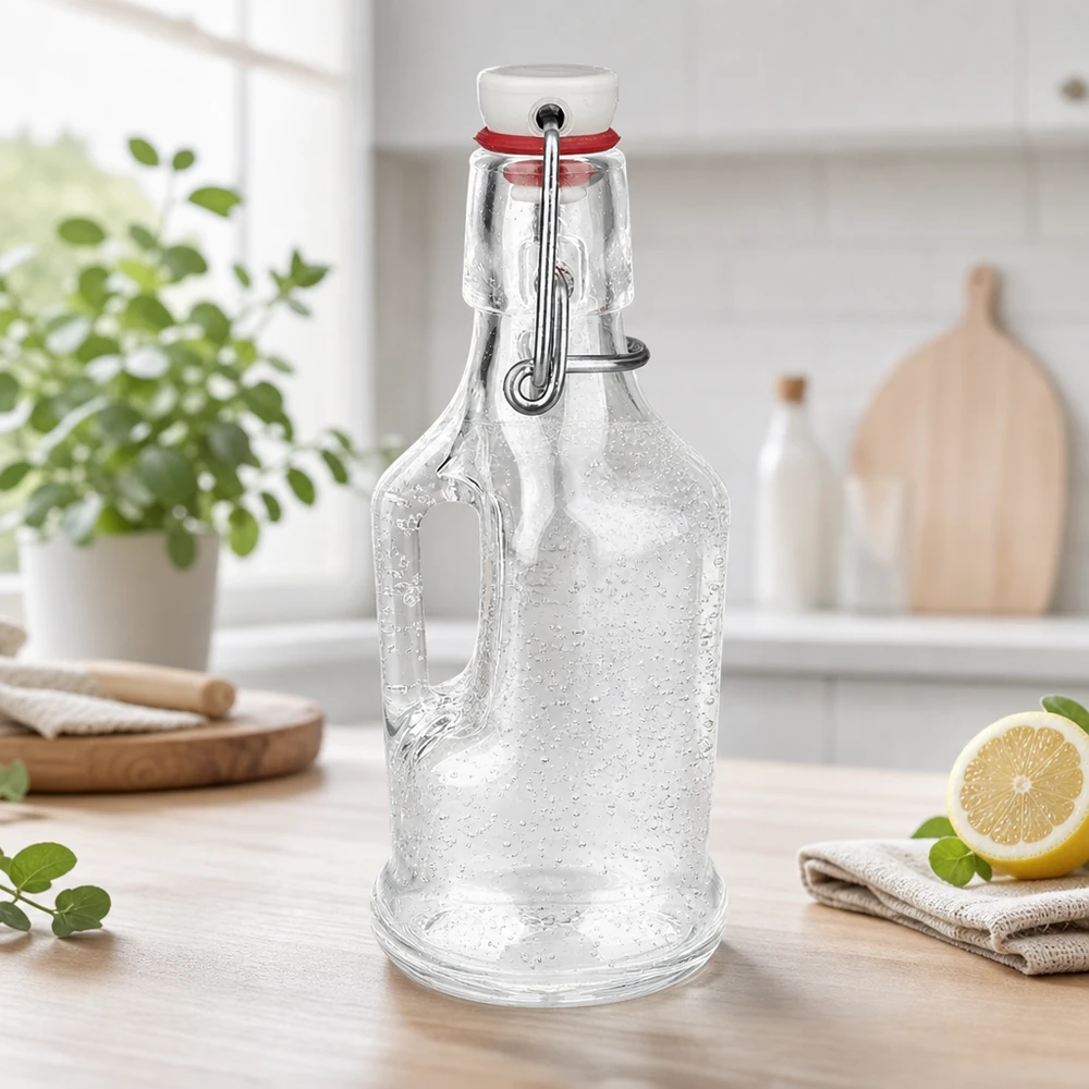 Pusta szklana butelka Bertha 200 ml z kroplami wody i białą porcelanową zatyczką na blacie kuchennym UNiTW