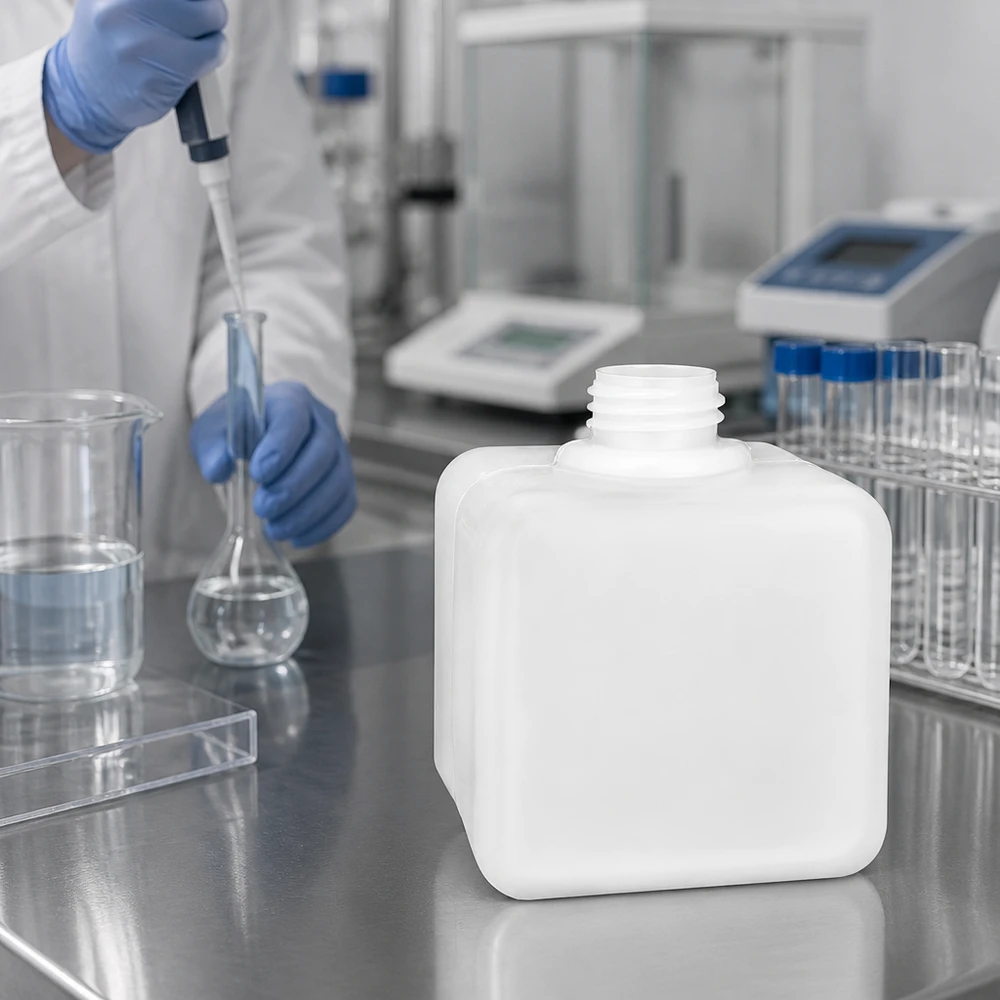 Wytrzymała butelka na chemikalia o pojemności 500 ml, wykonana z PE-HD, z gwintem GL32, obok kolby Erlenmeyera w laboratorium czystym