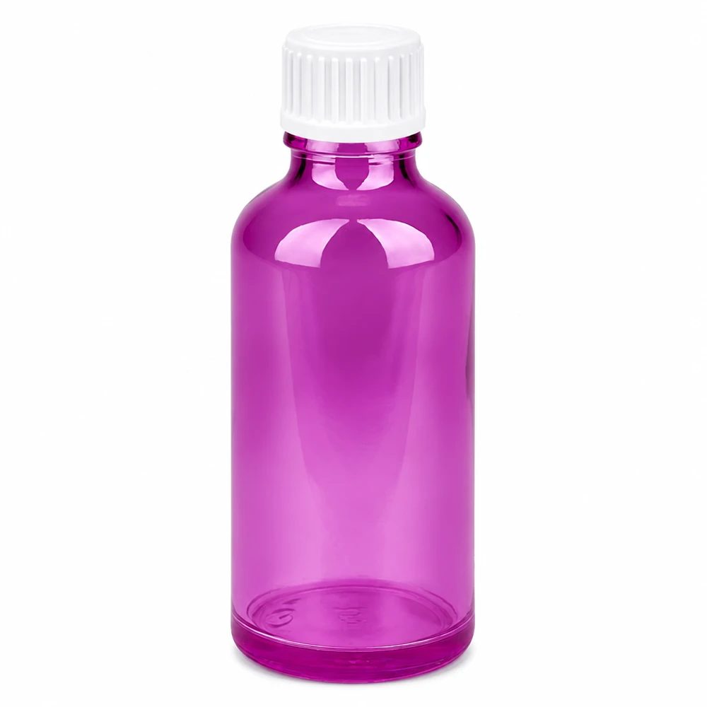 Butelka 50 ml (kuleczka) z pierścieniem nalewowym 3 mm, biała Standard PurpleLine. UT18/50 50 ml szklana butelka z zakrętką w jasnofioletowym kolorze do kosmetyków i farmaceutyków