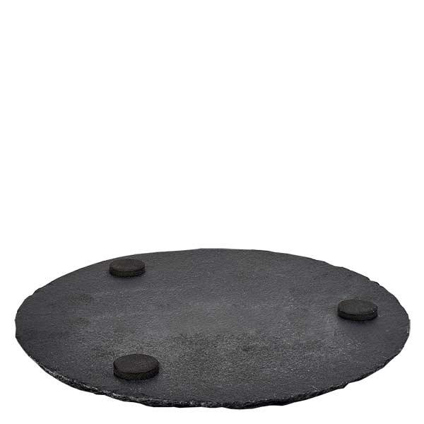 Okrągły talerz do serwowania z łupka Ø 150 mm Płytka łupkowa okrągła 15 cm z trzema czarnymi gumowymi nóżkami do antypoślizgowej podstawy na białym tle