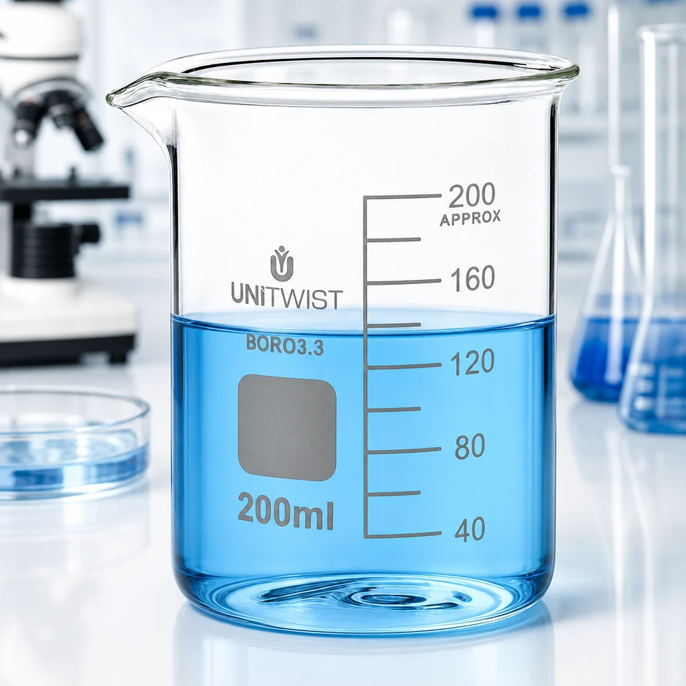 Szklanka UNiTWIST o pojemności 200 ml, wykonana z borokrzemianu, o niskim profilu, z niebieską cieczą w laboratorium