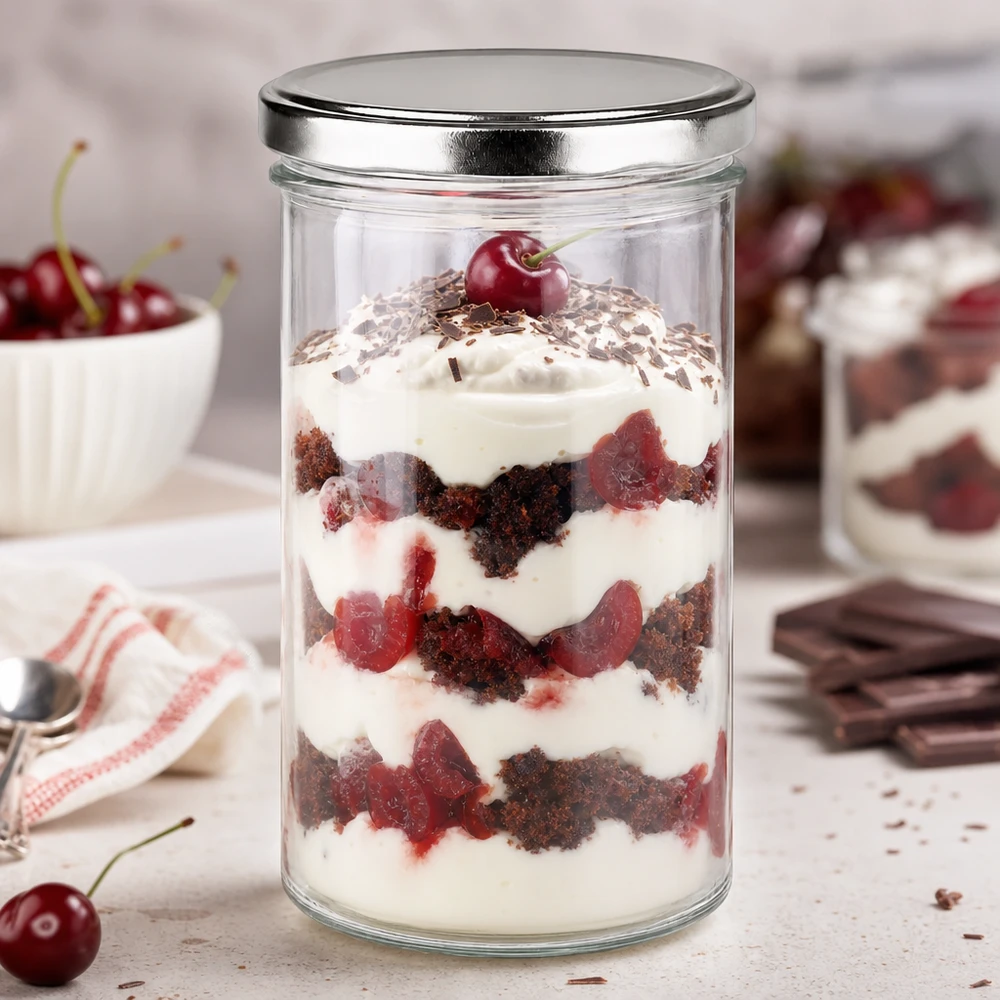 Słoik z pokrywką BasicSeal srebrna UN.. 277ml Sturzglas mit silbernem BasicSeal Deckel gefüllt mit Schichtdessert Kirsch-Schokolade perfekt für Desserts