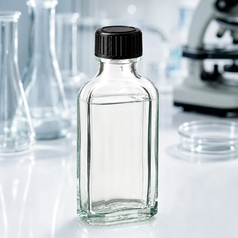 50 ml Przezroczysta zakrętka Meplat z dyskiem uszczelniającym LKD Przezroczysta butelka Meplat o pojemności 50 ml z czarną plastikową nakrętką na białym blacie laboratoryjnym