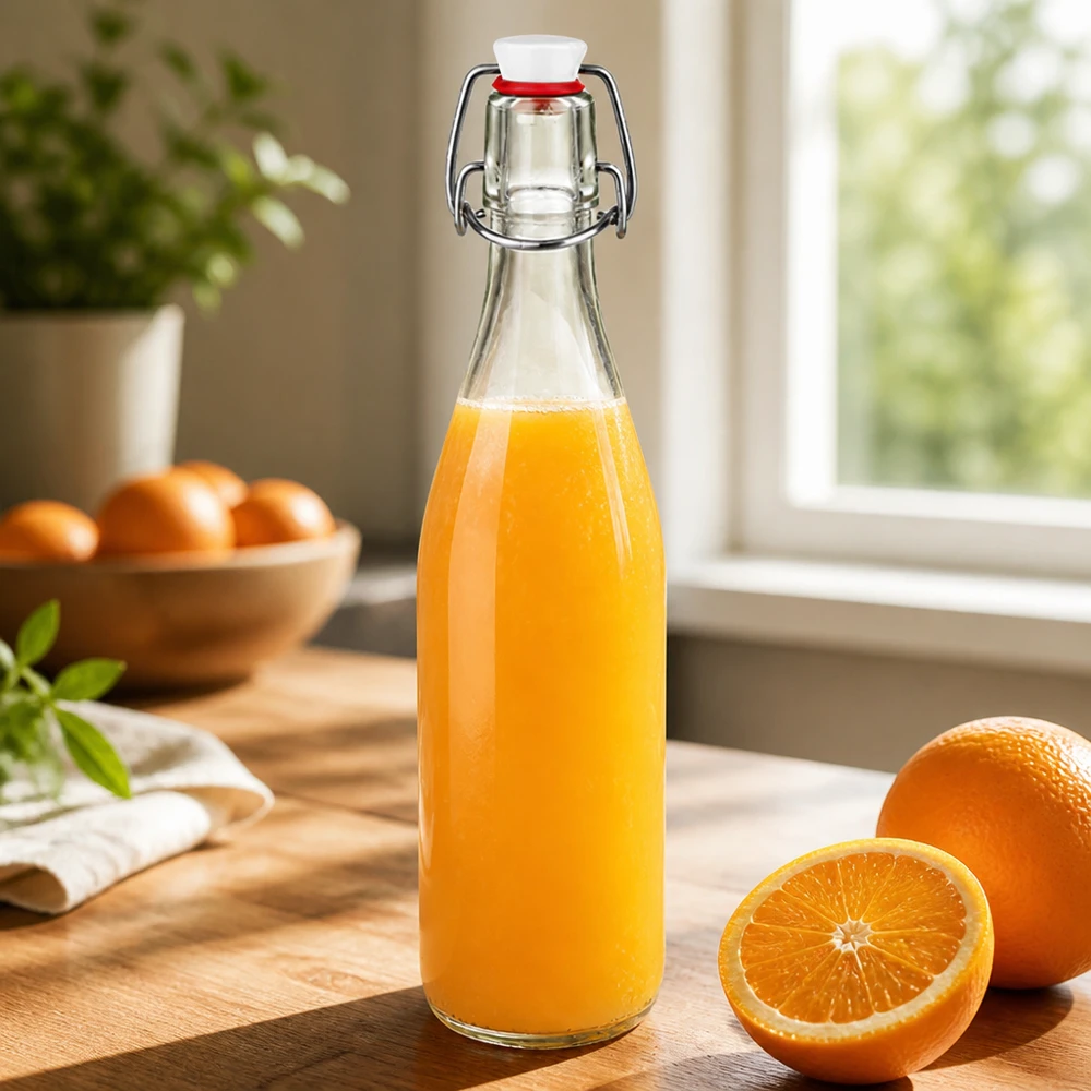 Butelka szklana 500 ml z zamknięciem porcelanowym UNiTWIST Szklana butelka o pojemności 500 ml wypełniona sokiem pomarańczowym na drewnianej desce obok świeżych pomarańczy w kuchni