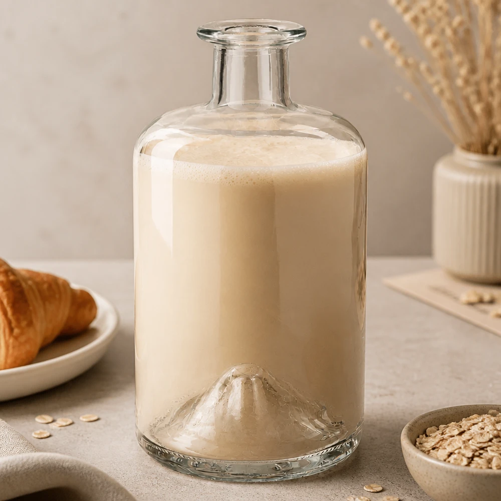 500ml butelka apteczna Sofia wypełniona mlekiem owsianym lifestyle fotografia produktu kuchnia szkło przezroczyste puste