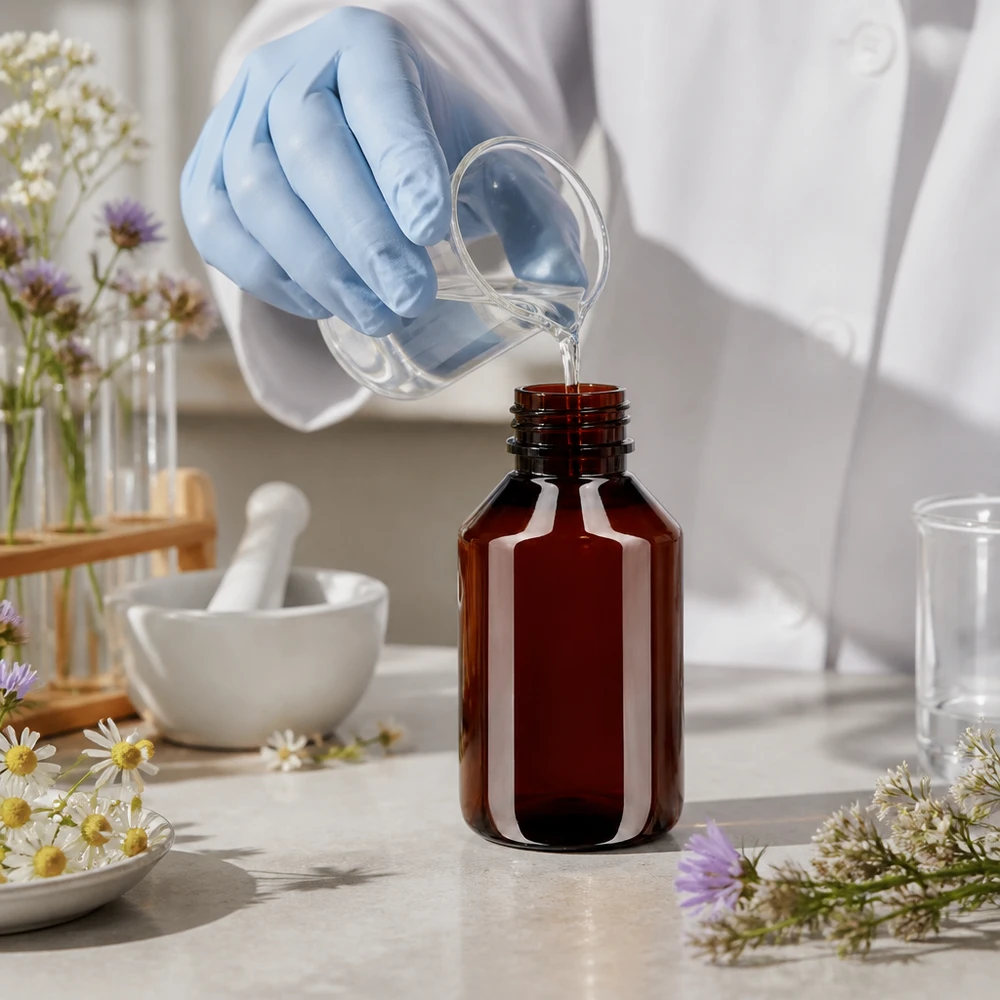Mała brązowa butelka PET o pojemności 50 ml z czerwonym zamknięciem, przeznaczona do przechowywania środków naturalnych i ekstraktów ziołowych