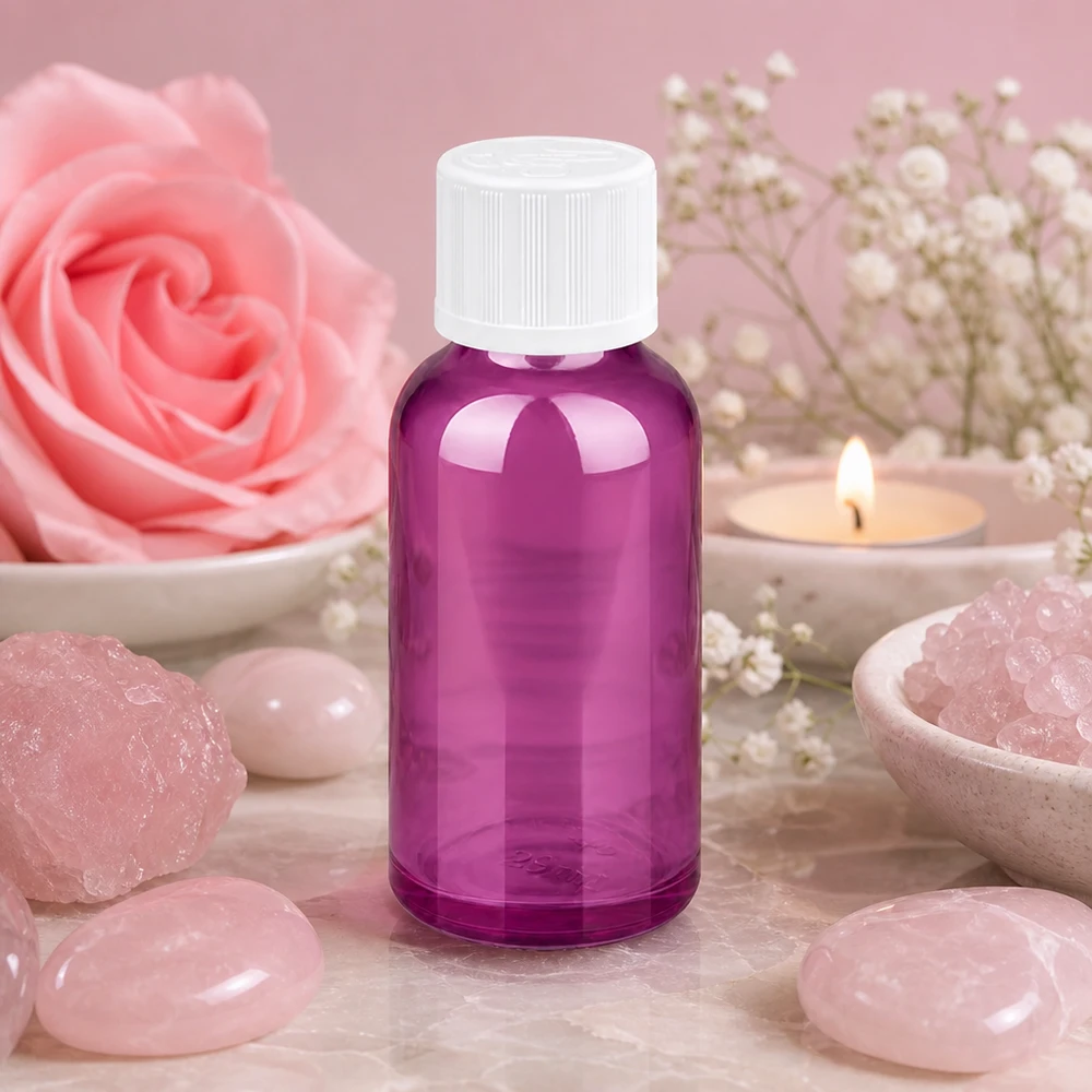 Fioletowa butelka dozująca 30 ml z otworem kroplowym 1,2 mm do zastosowań aromaterapeutycznych i wellness