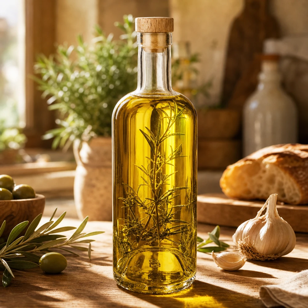 Butelka szklana 750 ml Emma z drewnianym korkiem UNiTWIST® 750ml Glasflasche Emma mit Holzkorken gefüllt mit Kräuteröl Rosmarin in mediterraner Küche mit Oliven Knoblauch Brot