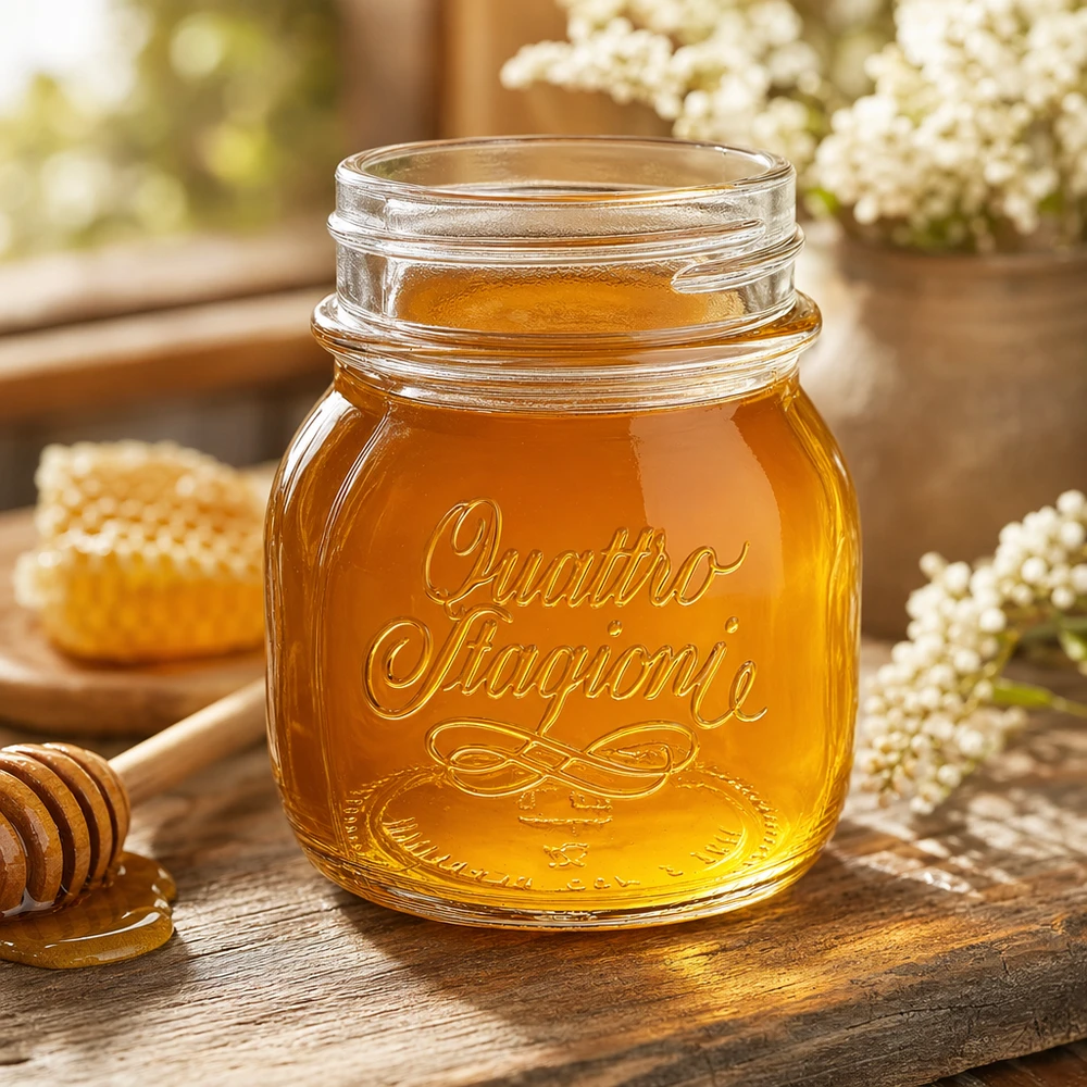 Szklanka domowa "Quattro Stagioni" o pojemności 150 ml 150 ml słoik Quattro Stagioni wypełniony miodem na rustykalnym drewnianym stole z plastrem miodu i kwiatami