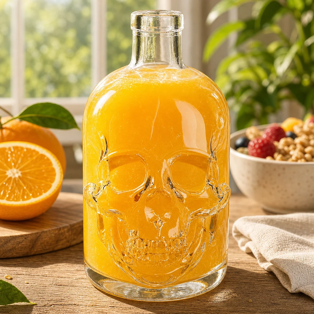 Szklana butelka 500 ml Jack bez zamknięcia UNiTWIST® Szklana butelka Jack 500ml wypełniona sokiem pomarańczowym z reliefem czaszki aranżacja stołu kuchennego bez nakrętki UNiTWIST
