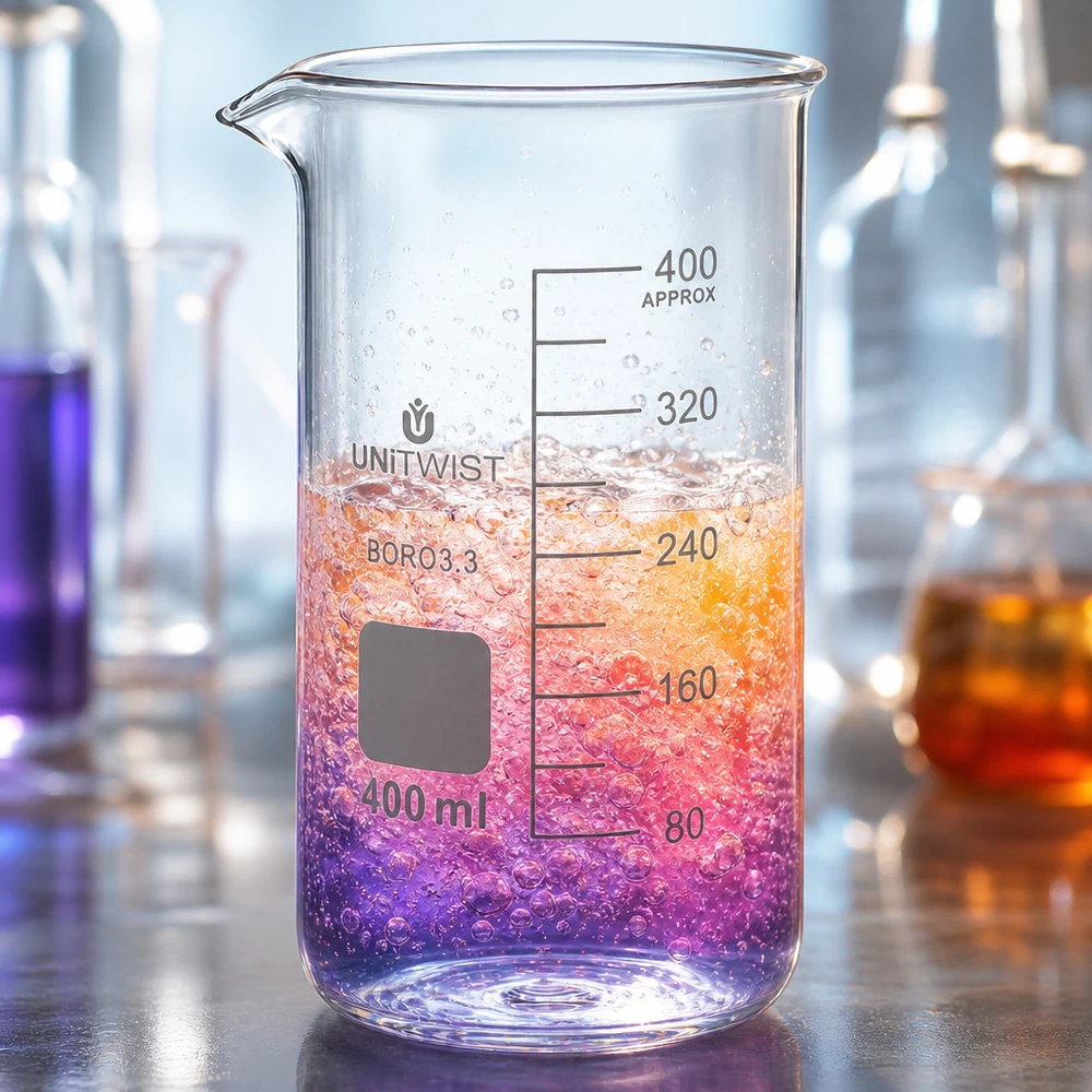 Szklanka UNITWIST o pojemności 400 ml, wysoka, z kolorową cieczą i bąbelkami w profesjonalnym środowisku laboratoryjnym