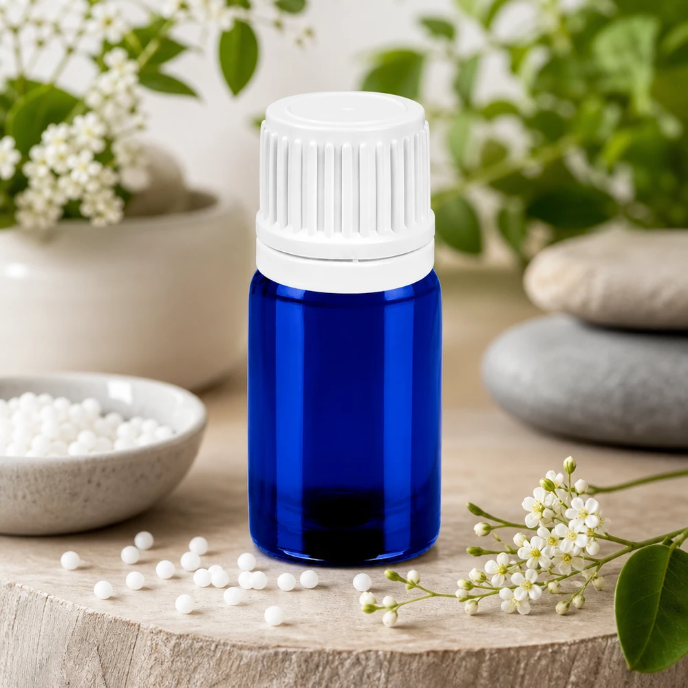 Butelka z zakraplaczem 5 ml 0,7 mm biała OV BlueLine UT18/5 Wysokiej jakości butelka z zakraplaczem 5 ml w kolorze niebieskim z białą zakrętką do homeopatii i naturopatii