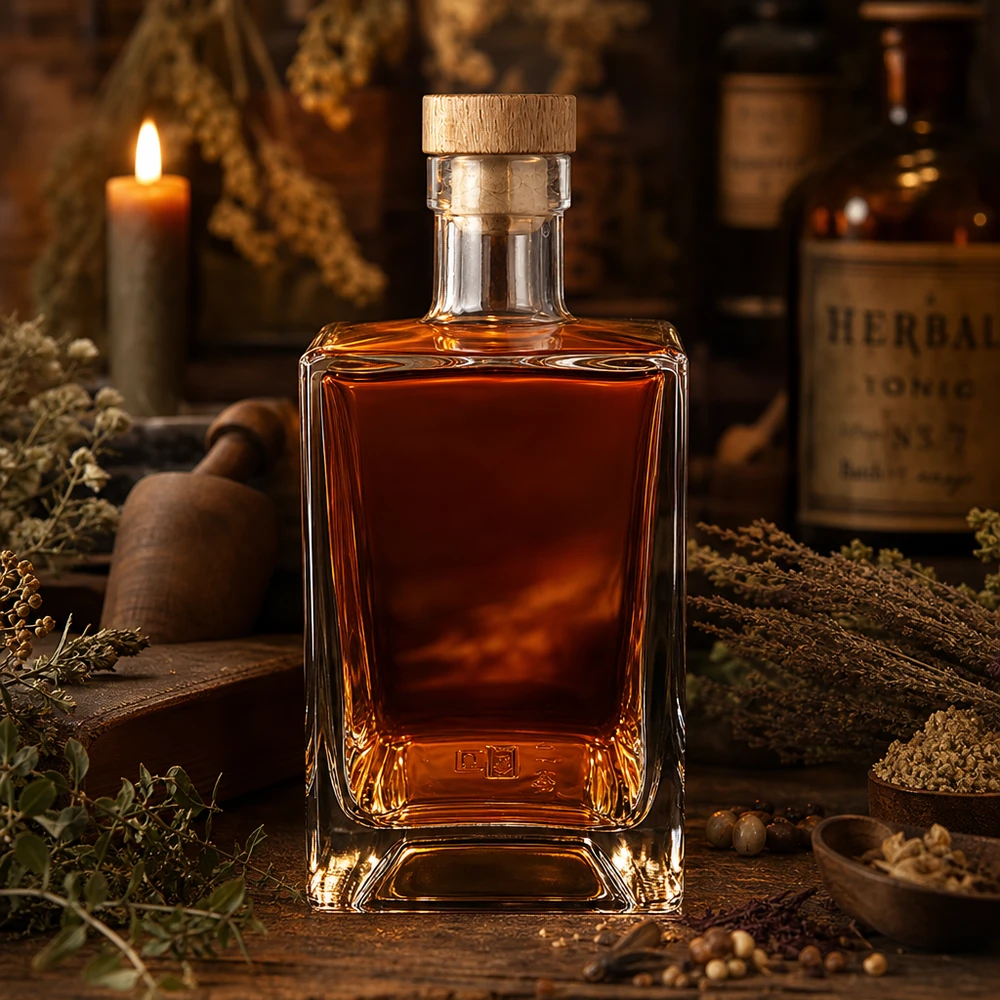700ml szklana butelka Ben wypełniona whisky rustykalna ziołowa świeca atmosfera brązowy spirytus drewniany korek UNiTWIST