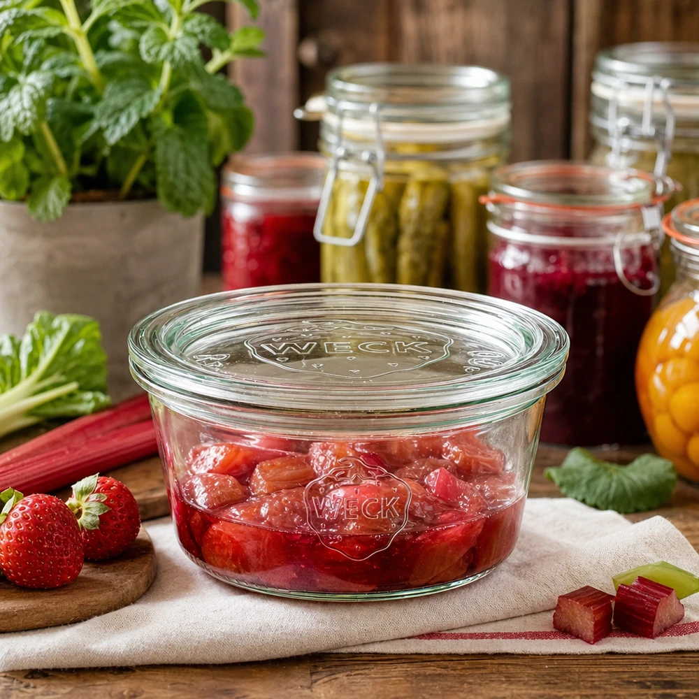 Kubki WECK 290ml RR100 wypełnione dżemem rabarbarowo-truskawkowym w słoikach z przetworami i świeżymi składnikami