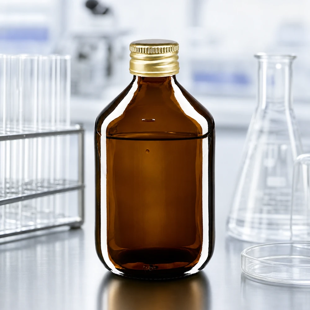 Butelka na lek o pojemności 300 ml, brązowa, ze złotą aluminiową zakrętką ApoGlas. Farmaceutyczna jakość produkcji UE. Gwint 28 mm (PP28). (syrop, butelka z lekkiego szkła) Wysokiej jakości butelka aptekarska o pojemności 300 ml wykonana z bursztynowego szkła z elegancką złotą zakrętką do użytku laboratoryjnego