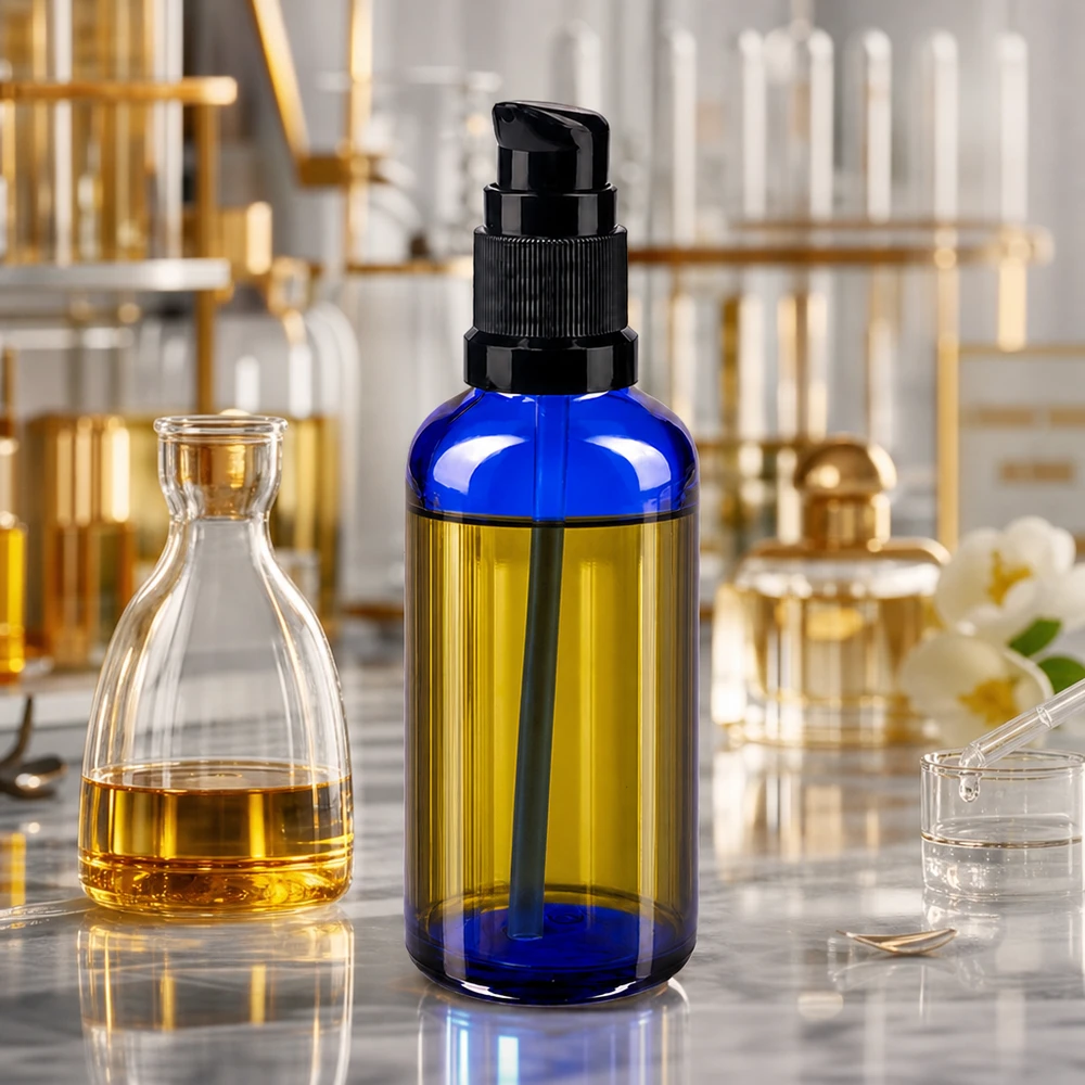Mała niebieska szklana buteleczka apteczna o pojemności 50 ml z czarną głowicą z pompką, przeznaczona do produktów kosmetycznych