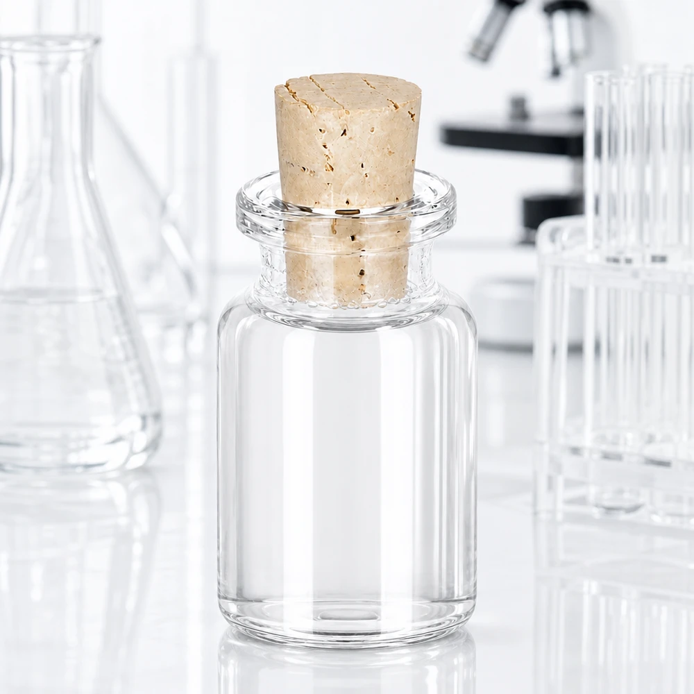Przezroczysta szklana butelka 10 ml z korkiem 11/14 mm Medizinflasche 10ml Klarglas mit eingestecktem Naturkork vor Laborausstattung