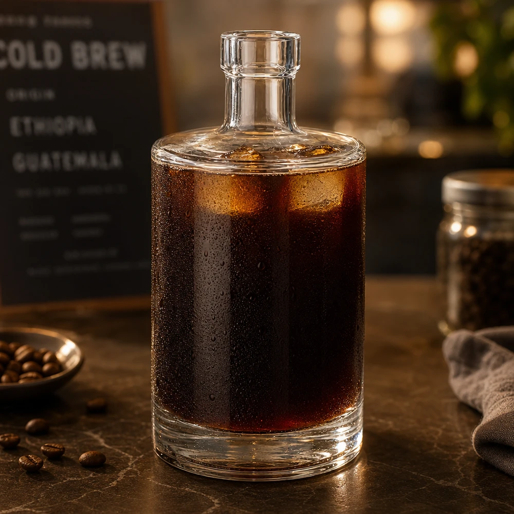 500 ml szklana butelka Marie wypełniona zimną kawą pokazuje, że nadaje się do zimnych napojów i kawiarnianej atmosfery.