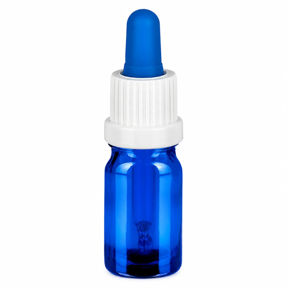 Butelka do leków płynnych 5 ml pipetowa biała/niebieska OV BlueLine UT18/5 Butelka z pipetą 5 ml w kolorze niebieskim z białą nasadką do precyzyjnego dozowania płynów