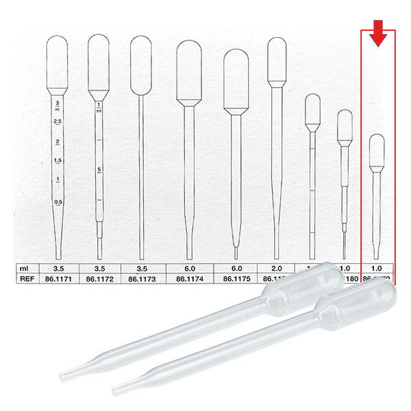 Pipeta transferowa, objętość nominalna: 1 ml, (dł. x szer.): 87 x 10 mm, materiał: LD-PE, przezroczysta, wielkość kropli: 30 µl - 45 µl, 750 sztuk/karton Pipeta transferowa, objętość nominalna: 1 ml, (dł. x szer.): 87 x 10 mm, materiał: LD-PE, przezroczysta, wielkość kropli: 30 µl - 45 µl, 750 sztuk/karton