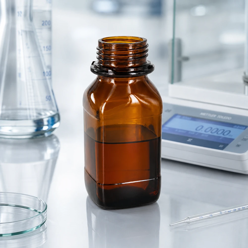 Butelka na chemikalia o pojemności 250 ml Butelka z szerokim otworem na chemikalia o pojemności 250 ml wykonana z wytrzymałego bursztynowego szkła zapewnia precyzyjne dozowanie.