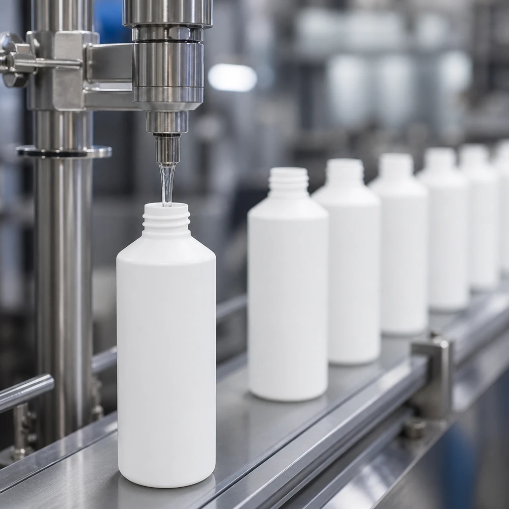 Automatyczne napełnianie białych butelek aptecznych z HDPE o pojemności 100 ml na przemysłowym przenośniku taśmowym