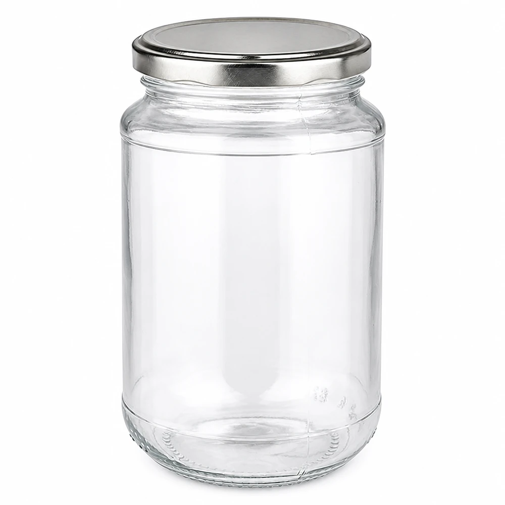 Okrągły słoik o pojemności 320 ml z przezroczystego szkła, wyposażony w srebrną pokrywkę typu twist-off BasicSeal, przeznaczony do dżemów i przetworów