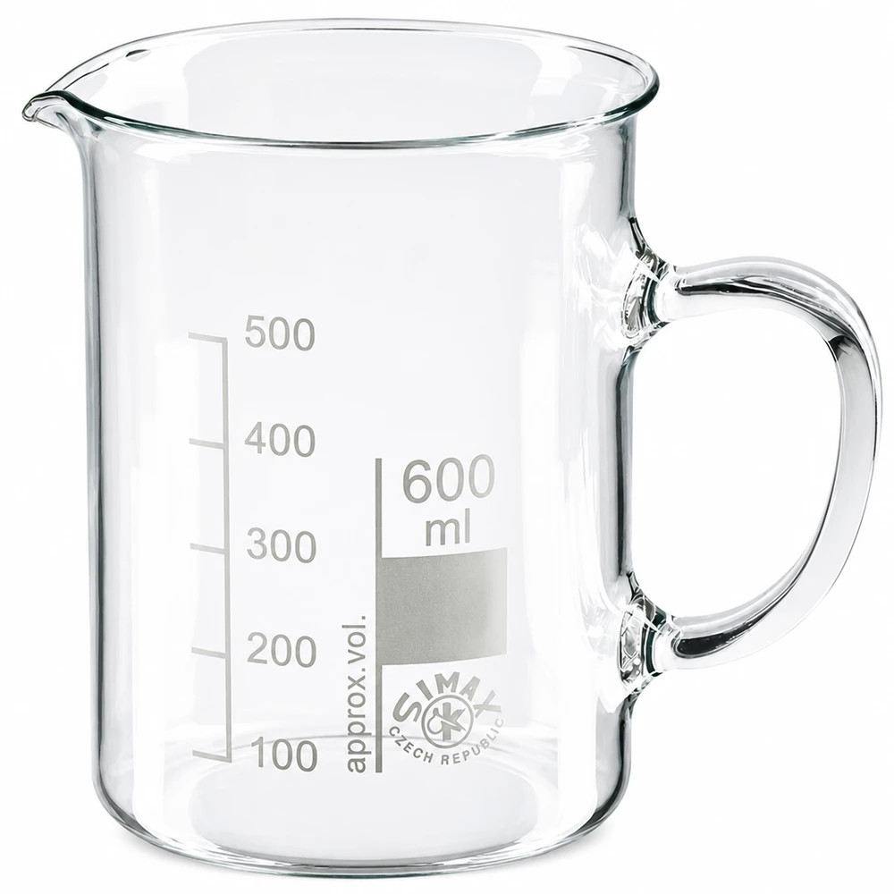 Zlewka o pojemności 600 ml, wykonana ze szkła borokrzemowego, z uchwytem i podziałką mililitrową do 500 ml