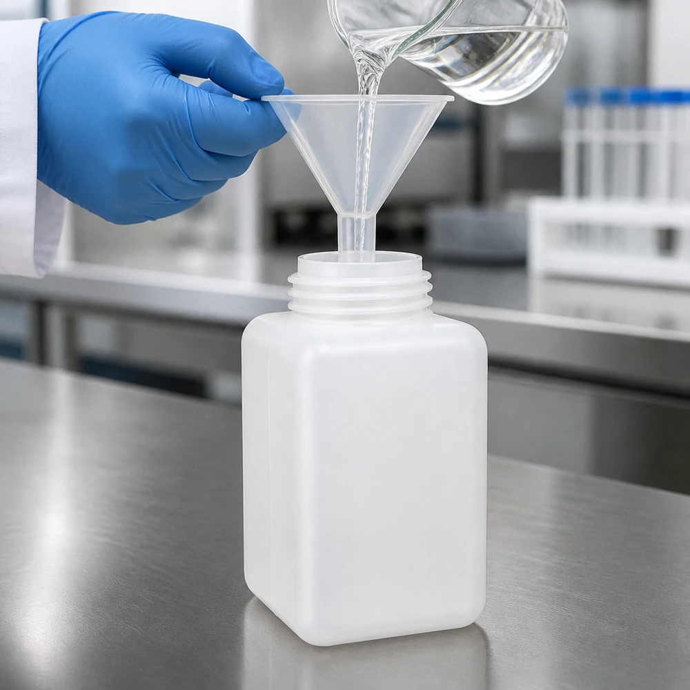 Butelka na chemikalia 1000ml, szeroka szyjka wykonana z PE-HD, kolor naturalny, GL 65 Laborant wlewa przezroczysty płyn przez plastikowy lejek do butelki z PE-HD o naturalnej bieli i szerokiej szyjce o pojemności 1000 ml
