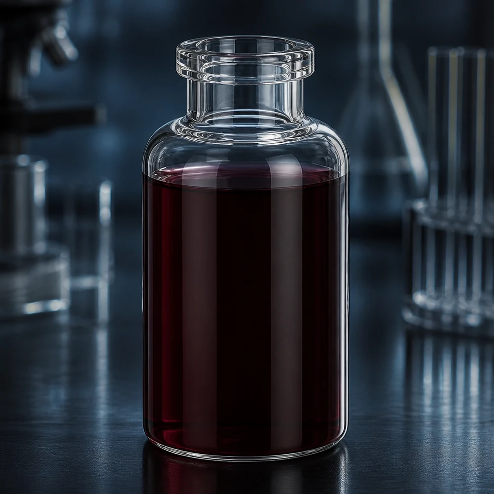 Butelka iniekcyjna z przezroczystego szkła 30 ml Medizinische Klarglasflasche 30ml fast vollständig befüllt mit dunkelroter Injektionslösung