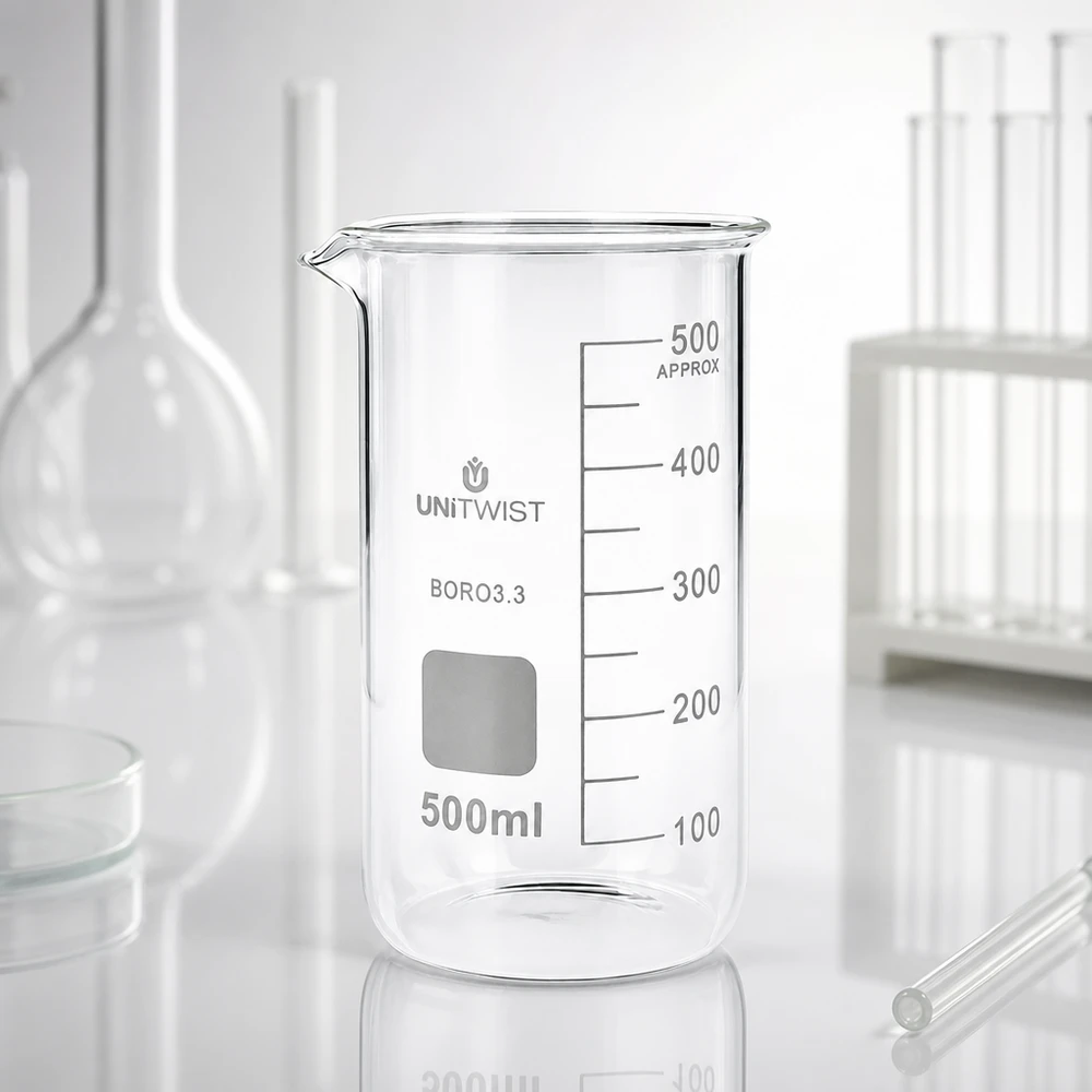 Pusta, przezroczysta zlewka laboratoryjna o pojemności 500 ml, wysoka, marki UNITWIST, z podziałką na białym tle