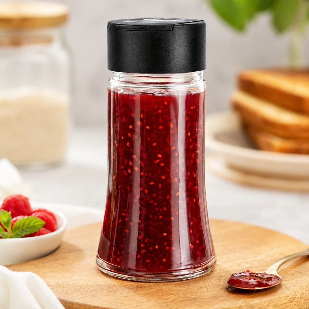 Słoik na sól/przyprawy o pojemności 95 ml z podwójną dozownicą, czarny Dżem malinowy w przezroczystym słoiku o pojemności 95 ml z czarną pokrywką z podwójnym dozownikiem, podany na drewnianej deseczce z tostem