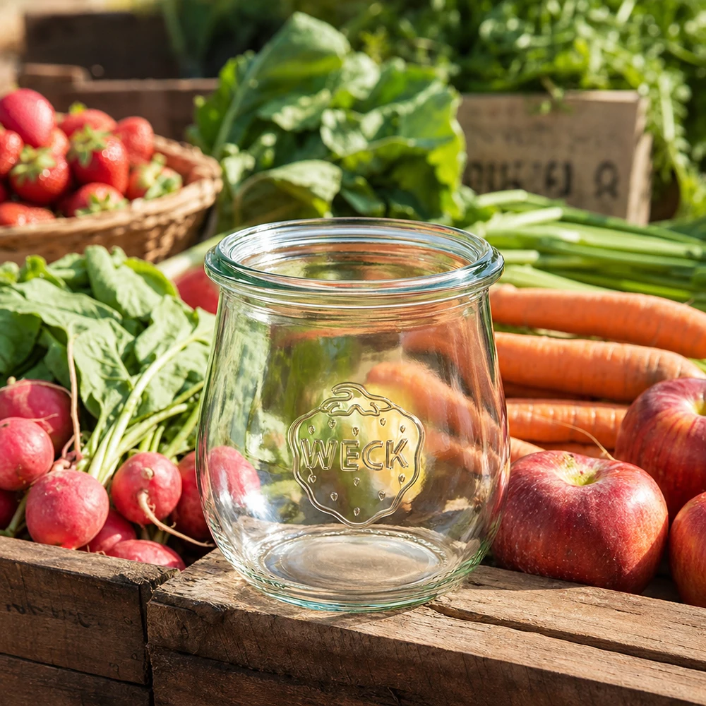 WECK słoik tulipan 220ml RR60 pusty pomiędzy świeżymi warzywami owocami na drewnianej skrzynce rustykalny klimat kuchni