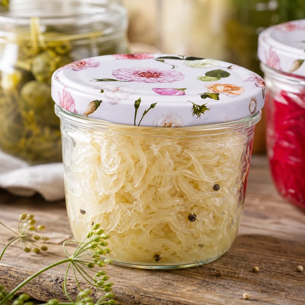 Kiszona kapusta w słoiku 230 ml z pokrywką BasicSeal różowy wzór kwiatowy fermentowana żywność dekoracja kuchenna rustykalny